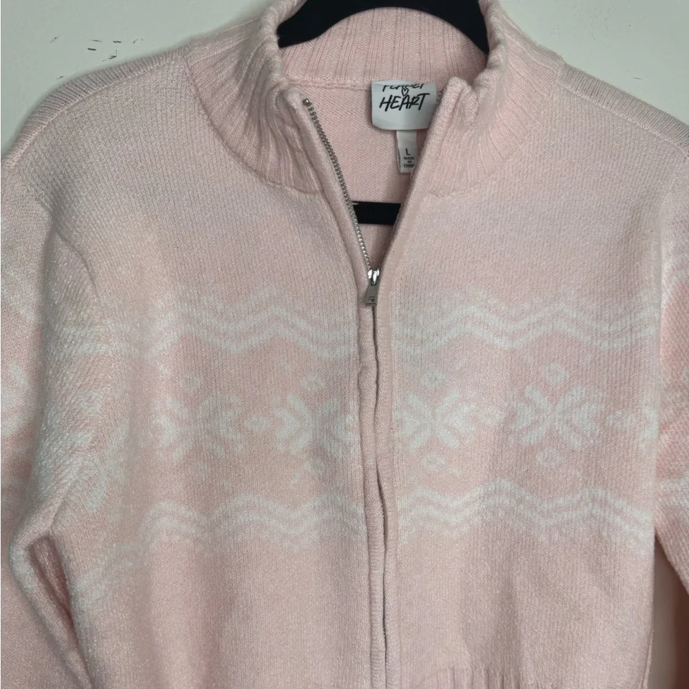 Planet Heart women's double zipper crop Fair isle light pink sweater girly cabin - Picture 9 of 9